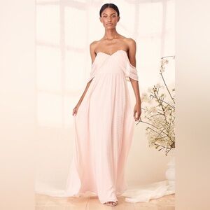 Lulus XS pink Got my Heart Swiss dot off shoulder maxi dress